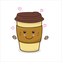 Cute coffee character vector illustration with facial expression isolated on white background 