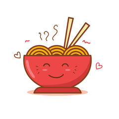 Bowl of noodle vector illustration with facial expression isolated on white background. Noodle character clip art 