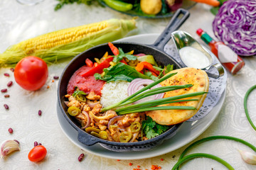 fried chicken with rice and pepper