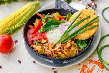 fried chicken with rice and pepper