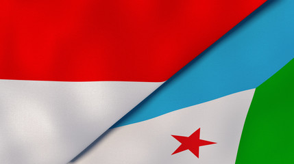 The flags of Indonesia and Djibouti. News, reportage, business background. 3d illustration
