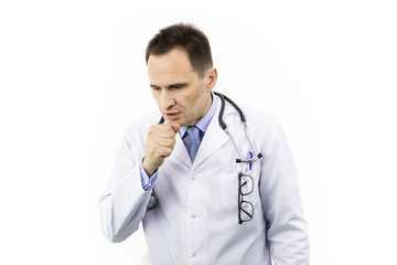 Man coughing into his fist. Viral infection. Symptoms of the disease. The doctor got pneumonia. Man in a white coat with a stethoscope on his neck on an isolated white background
