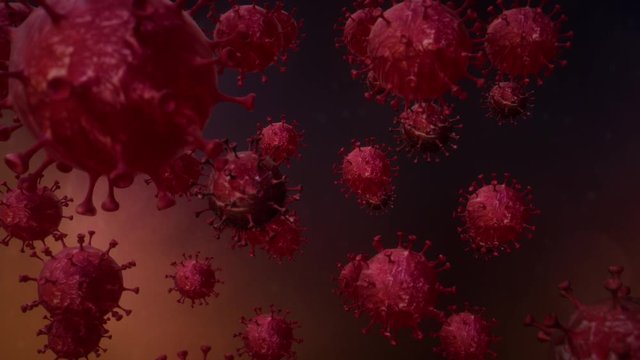 Animacja kom&oacute;rek convid19 realistyczny projekt 3D 4k, dużo czerwieni, wirus kt&oacute;ry opanował cały świat