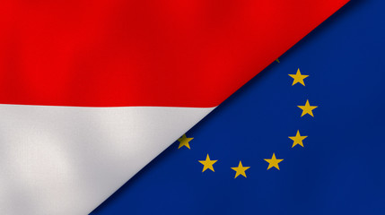 The flags of Indonesia and European Union. News, reportage, business background. 3d illustration