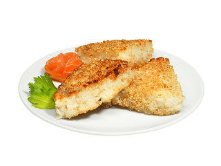 Roasted rice cutlets with sesame and salmon