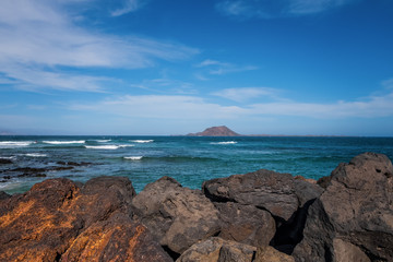 Spanish View Landscape in Isla de los Lobos Tropical Volcanic Canary Islands Spain. October 2019