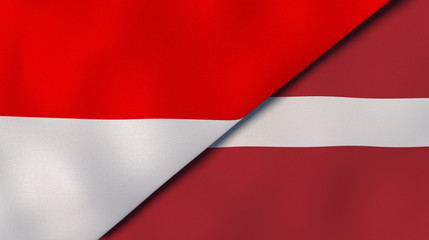 The flags of Indonesia and Latvia. News, reportage, business background. 3d illustration