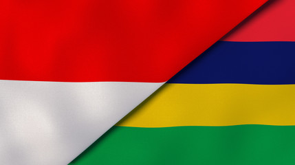 The flags of Indonesia and Mauritius. News, reportage, business background. 3d illustration