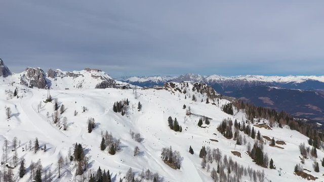 Aerial Landscape View of Nassfeld Ski Resort in Austrian province of Carinthia with Skiers on slopes