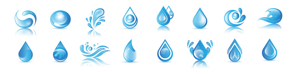 Water Splash Vector And Drop Set - Isolated On White. Vector Collection Of Flat Water Splash and Drop Logo. Icons For Droplet, Water Wave, Rain, Raindrop, Company Logo And Bubble Design