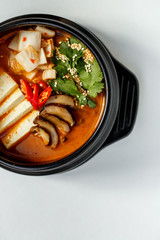 korean dish spicy soup with beef and vegetables with rice and hot pepper