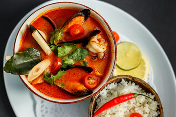 Thai spicy tom yam soup with seafood