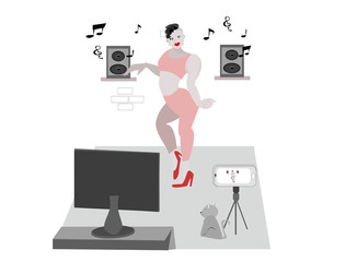 Women dancing and live video in the house. People illustration on isolate white background. Cartoon character person flat design .