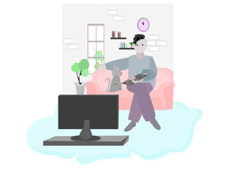 Fototapeta na wymiar Activities when staying at home. A man watching tv in house. People illustration on isolate white background. Cartoon character person flat design .