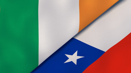 The flags of Ireland and Chile. News, reportage, business background. 3d illustration