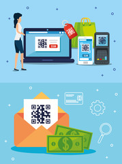 qr code inside envelope bills laptop and woman design of technology scan information business price communication barcode digital and data theme Vector illustration