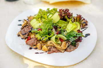 warm salad with meat, cucumber and vegetables on a white plate on the table