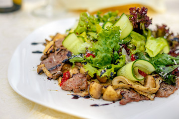 warm salad with meat, cucumber and vegetables on a white plate on the table