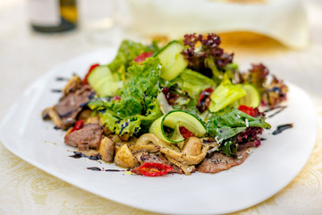 warm salad with meat, cucumber and vegetables on a white plate on the table