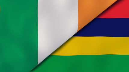 The flags of Ireland and Mauritius. News, reportage, business background. 3d illustration