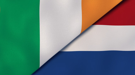 The flags of Ireland and Netherlands. News, reportage, business background. 3d illustration