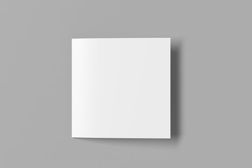 Blank square pages leaflet on gray background. Bi-fold or half-fold closed brochure isolated with clipping path. View directly above. 3d illustration - obrazy, fototapety, plakaty