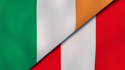 The flags of Ireland and Peru. News, reportage, business background. 3d illustration