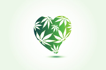 Cannabis leafs love heart shape logo vector