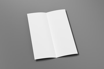 Blank vertical A4 leaflet on gray background. Bi-fold or half-fold opened brochure isolated with clipping path. Side view. 3d illustration