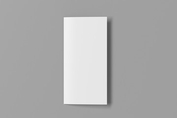 Blank square leaflet on gray background. Bi-fold or half-fold closed brochure isolated with clipping path. View directly above. 3d illustration