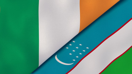 The flags of Ireland and Uzbekistan. News, reportage, business background. 3d illustration