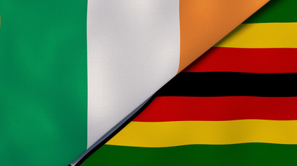 The flags of Ireland and Zimbabwe. News, reportage, business background. 3d illustration