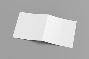 Blank square pages leaflet cover on gray background. Bi-fold or half-fold opened brochure isolated with clipping path. Side view. 3d illustration