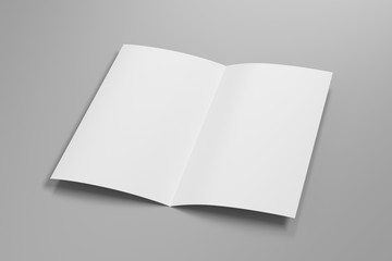 Blank square leaflet on gray background. Bi-fold or half-fold opened brochure isolated with clipping path. Side view. 3d illustration
