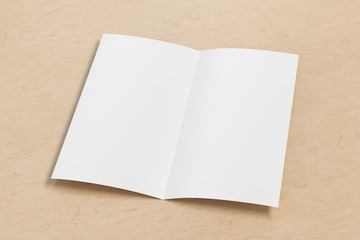 Blank square leaflet on wooden background. Bi-fold or half-fold opened brochure isolated with clipping path. Side view. 3d illustration