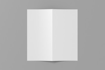 Blank square leaflet cover on gray background. Bi-fold or half-fold opened brochure isolated with clipping path. View directly above. 3d illustration