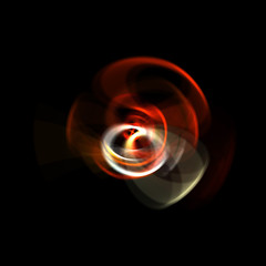 Spinning rays of light isolated on black background. Graphic 2D illustration of glowing colorful light particles in circular motion.