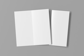 Blank square leaflet on gray background. Bi-fold or half-fold opened and folded brochure isolated with clipping path. View directly above. 3d illustration