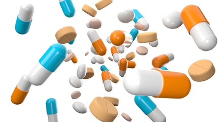 Various medicine and pills on white background.
3D render illustration.