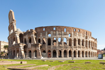 Colosseum or Coliseum (Flavian Amphitheatre or Amphitheatrum Flavium or Anfiteatro Flavio or Colosseo. Oval amphitheatre in the centre of the city of Rome, Italy