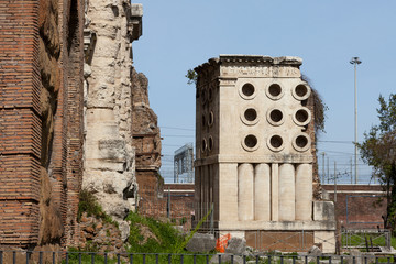 The tomb of Marcus Vergilius Eurysaces the baker. Funerary monuments in Rome, Italy