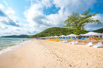 Row of Colorful Sunbathing Chairs on the Sao Beach of Phu Quoc Island, Vietnam, a Tourism Destination for Summer Vacation in Southeast Asia, with Tropical Climate and Beautiful Landscape.