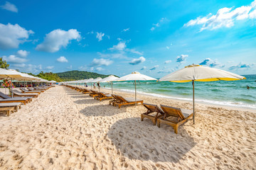 Row of Colorful Sunbathing Chairs on the Sao Beach of Phu Quoc Island, Vietnam, a Tourism...