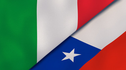 The flags of Italy and Chile. News, reportage, business background. 3d illustration