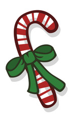 Vector drawing of a cute candy cane with a green ribbon. Isolated on white.