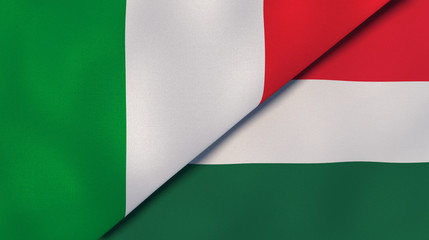 The flags of Italy and Hungary. News, reportage, business background. 3d illustration