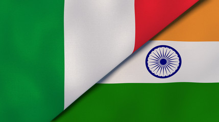 The flags of Italy and India. News, reportage, business background. 3d illustration