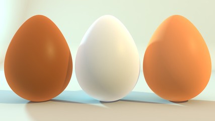 Eggs of different colors stand in a row