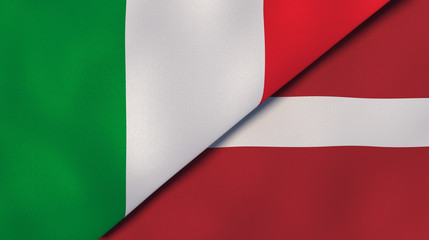 The flags of Italy and Latvia. News, reportage, business background. 3d illustration