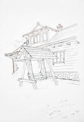 Line art hand drawn wooden swing and old house. Quick sketch on the trip. Fasade of old houses. Countryside rest sketch. Travel sketching. Architectural coloring book. Place of rest drawn for memory